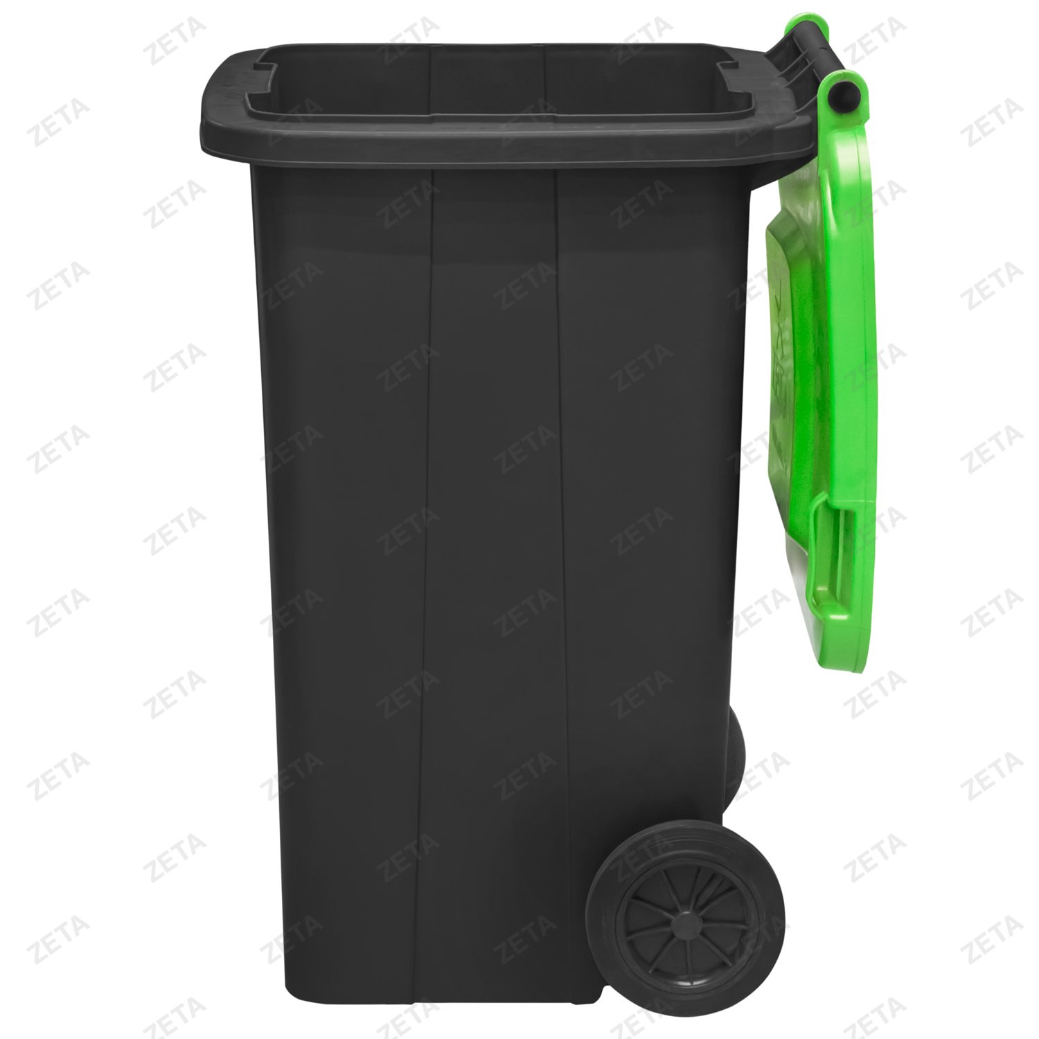 Мусорный бак с крышкой на колёсах, чёрный с салатовой или жёлтой крышкой (140 л.)