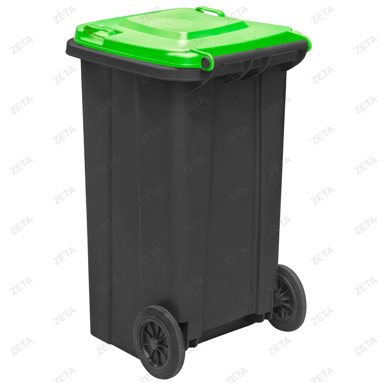 Мусорный бак с крышкой на колёсах, чёрный с салатовой или жёлтой крышкой (140 л.)