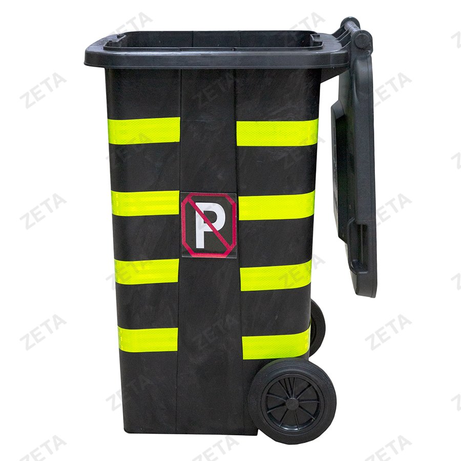 Мусорный бак с крышкой на колёсах, чёрный, со светоотражающей лентой (140 л.)