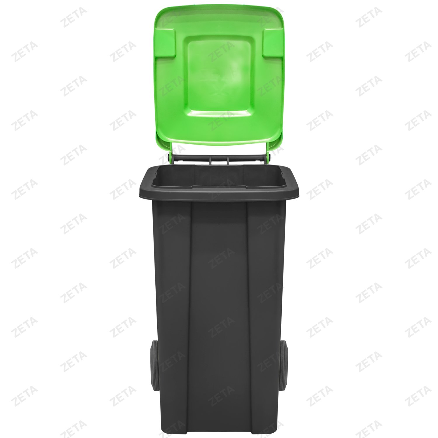 Мусорный бак с крышкой на колёсах, чёрный с салатовой или жёлтой крышкой (140 л.)